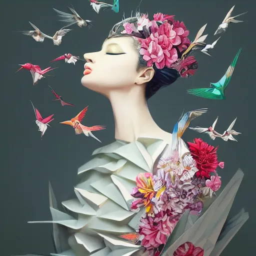 Prompt: 3 / 4 view of a beautiful girl wearing an origami dress, eye - level medium shot, fine floral ornaments in cloth and hair, hummingbirds, elegant, by eiko ishioka, givenchy, banksy, by peter mohrbacher, centered, fresh colors, origami, fashion, detailed illustration, vogue, japanese, reallusion character creator