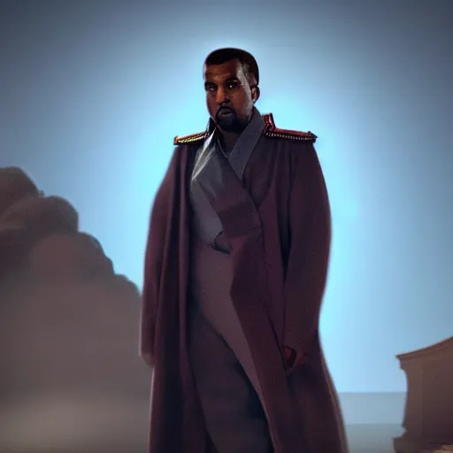 Image similar to kanye west as muammar kadhafi as emperor napoleon in fallout, splash art, movie still, detailed face, cinematic lighting, dramatic, octane render, long lens, shallow depth of field, bokeh, anamorphic lens flare, 8 k, hyper detailed, 3 5 mm film grain