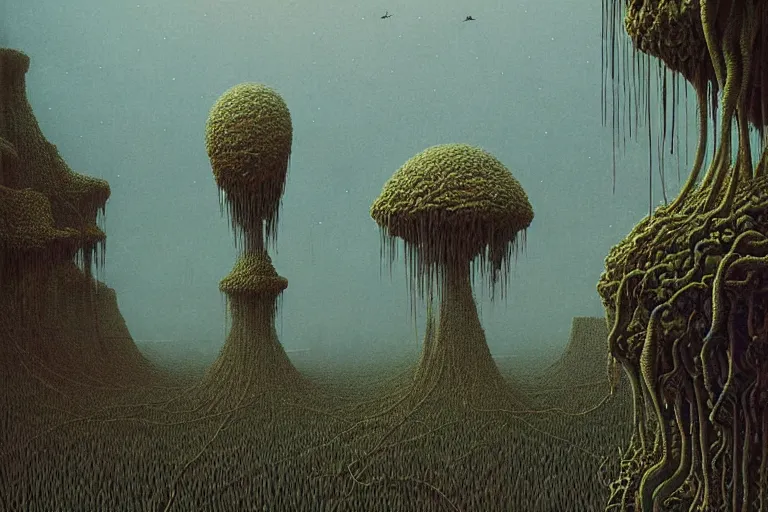 Prompt: a surreal and awe - inspiring science fiction landscape, alien plants and animals, intricate, elegant, highly detailed matte painting by beksinski and simon stalenhag