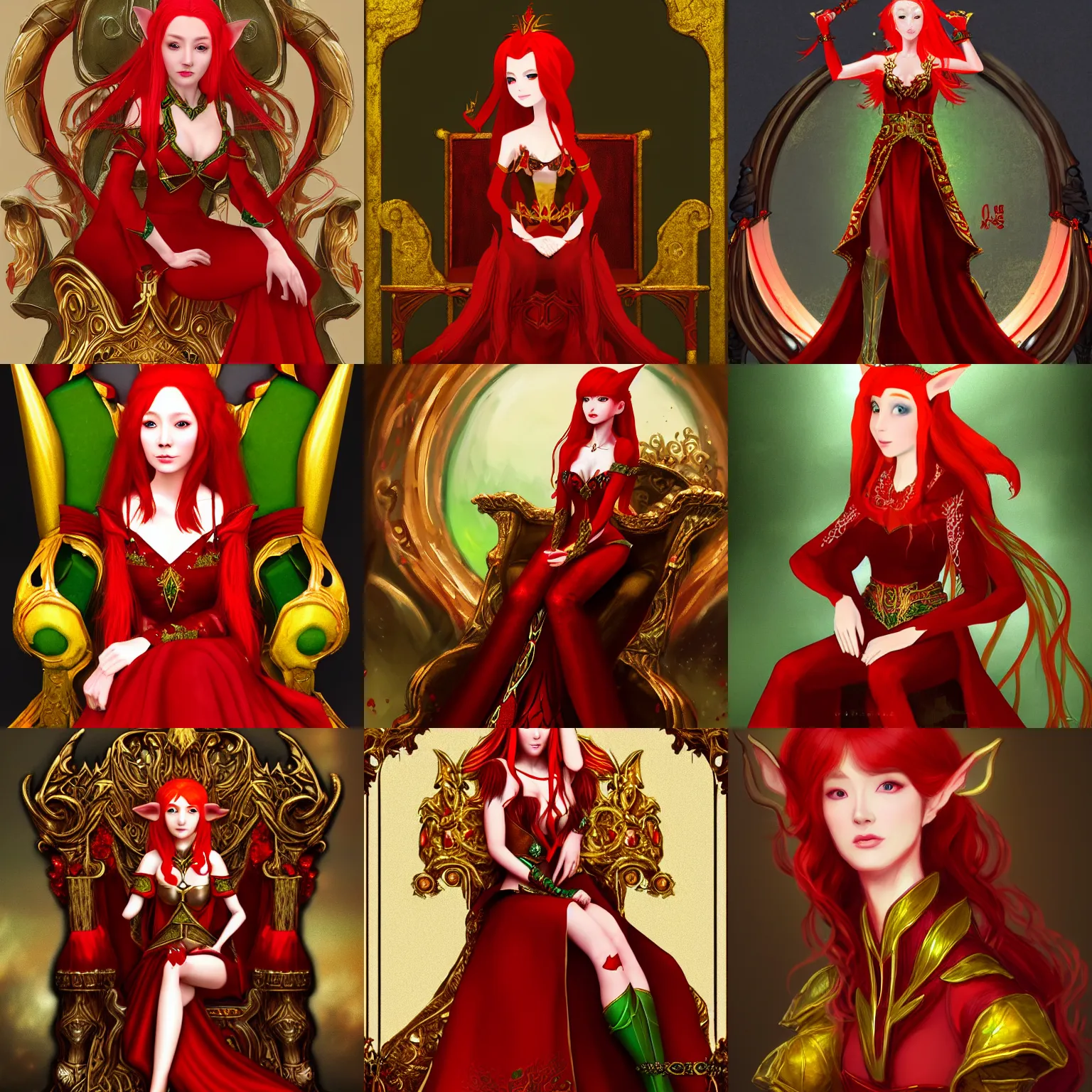 Prompt: Portrait of a red-haired beautiful elven queen in red, gold and green dress sitting on a throne. In style of Hyung-tae Kim concept art, trending on ArtStation, Korean MMORPG.