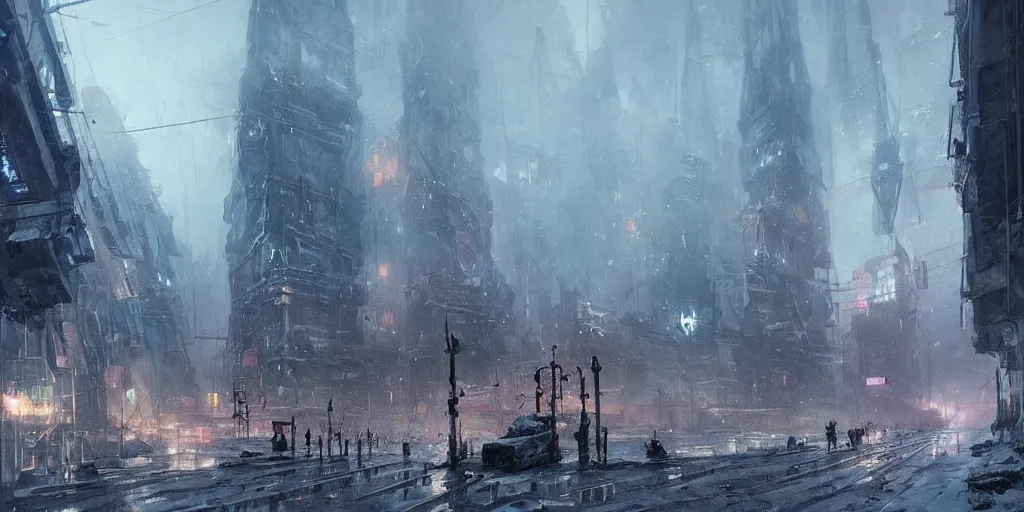 Image similar to cyberpunk depiction of the city of gdansk during arctic conditions by greg rutkowski