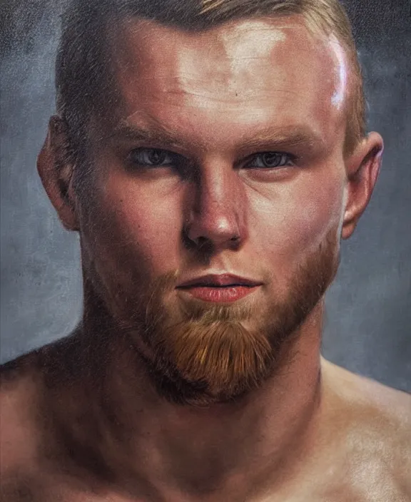 Image similar to portrait of a handsome young swedish wrestler, art by denys tsiperko and bogdan rezunenko, hyperrealism