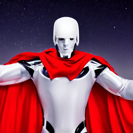 Image similar to portrait of a tall athletic muscular infantry man in glossy sleek white armor with tiny red details and a long red cape, heroic posture, on the surface of mars, night time, dramatic lighting, cinematic, sci-fi, hyperrealistic, movie still