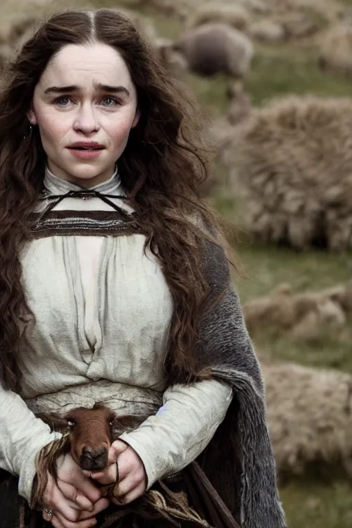 Image similar to Photo of Native Irish woman Emilia Clarke, portrait, skilled shepherdess of sheep, ancient, realistic, detailed, Emilia Clarke