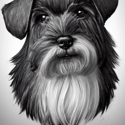 Prompt: portrait of stoic looking miniature schnauzer, military uniform, black fir, white eyebrows, fantasy, intricate, elegant, highly detailed, centered, dark, smokey, charcoal painting, digital painting, artstation, concept art, smooth, sharp focus, illustration, art by artgerm