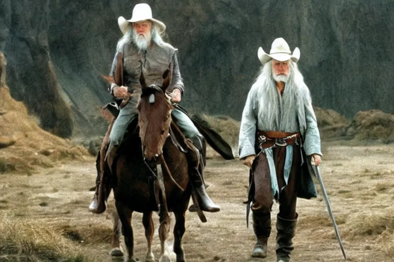 Image similar to Cowboy Gandalf wearing Stetson hat and leather trousers. Movie still from lord of the rings the fellowship of the ring.