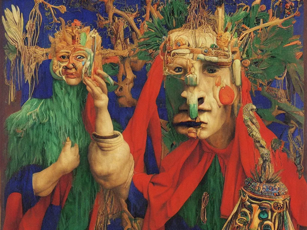 Image similar to Portrait of albino mystic with blue eyes, in psychedelic trance, with totemic archaic mask made from Malachite. Painting by Jan van Eyck, Audubon, Rene Magritte, Agnes Pelton, Max Ernst, Walton Ford