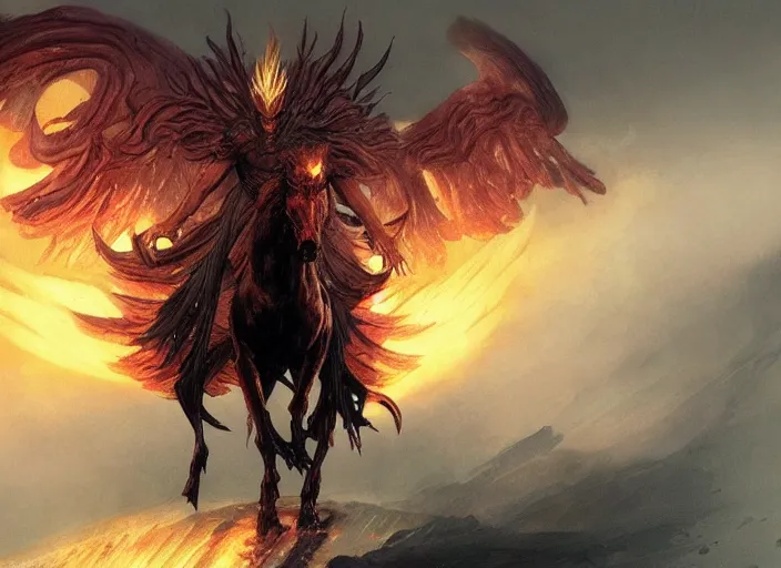Image similar to nameless king riding a giant dark phoenix, storm king, beksinski, wayne barlowe, ruan jia, dark soul concept art