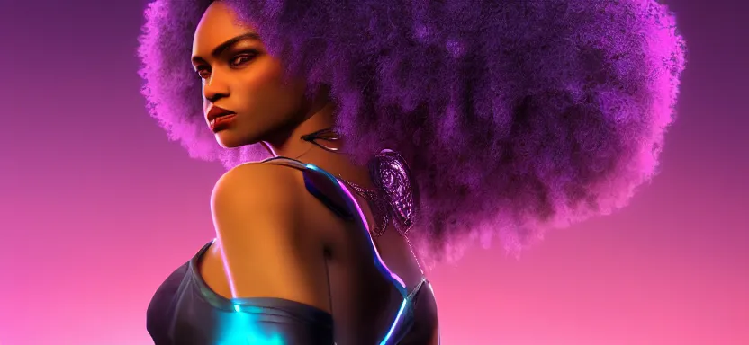 Image similar to portrait of a beautiful black woman with afro hair and glowing purple eyes, cyberpunk rio de janeiro background, digital art, trending on artstation, global illumination, backlit, purple and blue