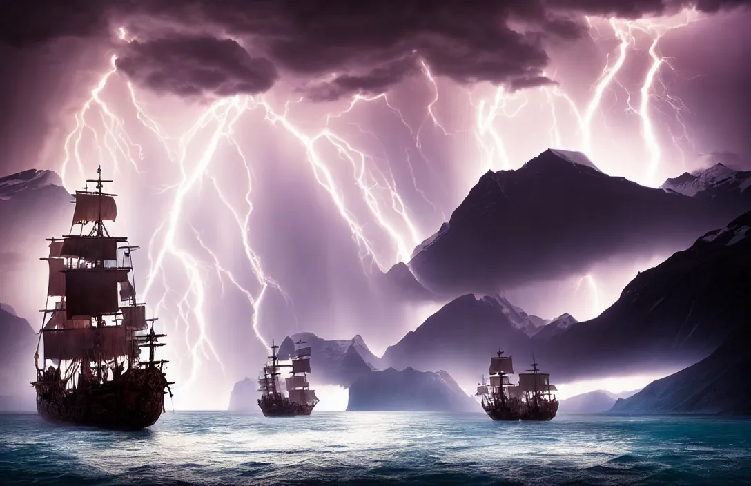 Prompt: a pirate ship fighting a royal ship on a glacial lake, landscape photography by marc adamus, dramatic lighting, thunder, sea battle, dramatic,