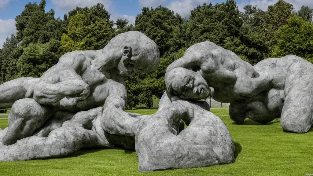 Prompt: a colossal impossible granite sculpture garden by michelangelo and henry moore and david cerny, on a green lawn, distant mountains, 8 k, dslr camera, an enemy's treasure candy, award winning
