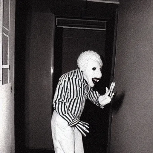 Image similar to creppy 2 0 0 3 photo of ronald mcdonald screaming in a dark room