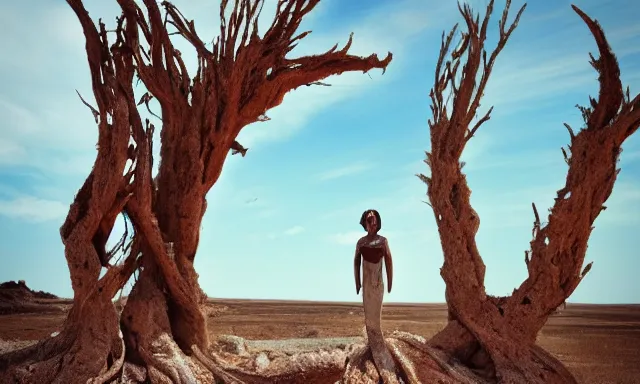 Prompt: medium shot of a crying ancient dried up Danu, peaceful, facing the camera and standing in front of a dried up river in a desolate land, dead trees, blue sky, hot and sunny, highly-detailed, elegant, dramatic lighting, artstation, 4k, cinematic landscape, photograph by Elisabeth Gadd