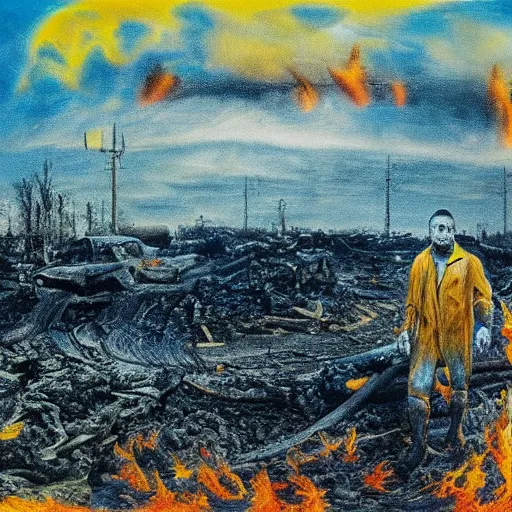 Image similar to armageddon they will be dead and we go to paradise, funny and frightened ukrainian burned to bones in dirty yellow and blue rags on the background of a huge nuclear explosion hyperrealism, selfie