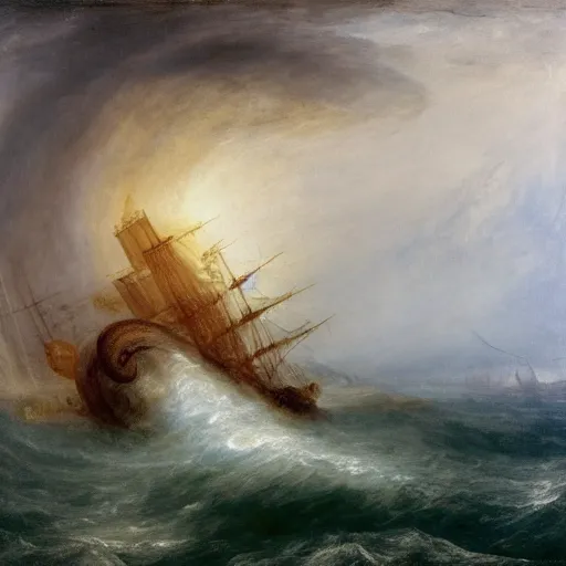 Prompt: giant octopus with giant tentacles hugging a frigate on a stormy sea, in the style of jmw turner