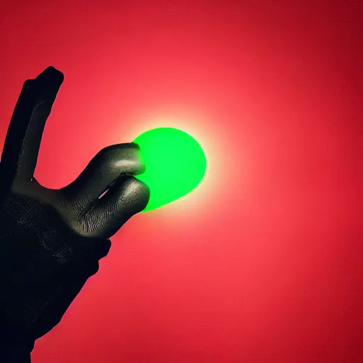 Image similar to a black gloved hand holding a dinly glowing shard of kryptonite in pitch black