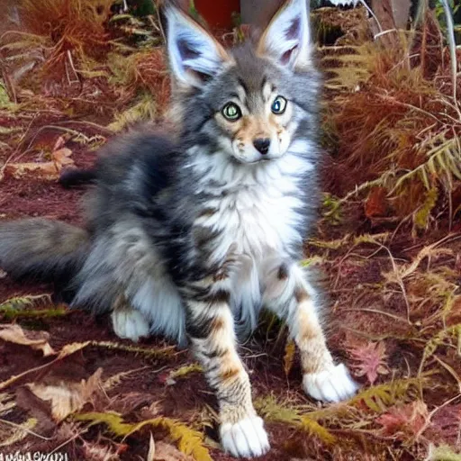 Image similar to a very cute maine coon coyote wolf kitten hybrid with long fluffy tail