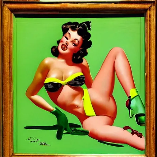 Image similar to portrait of pin up girl in a neon green bikini, art by gil elvgren, earl moran, joyce ballantyne, art frahm