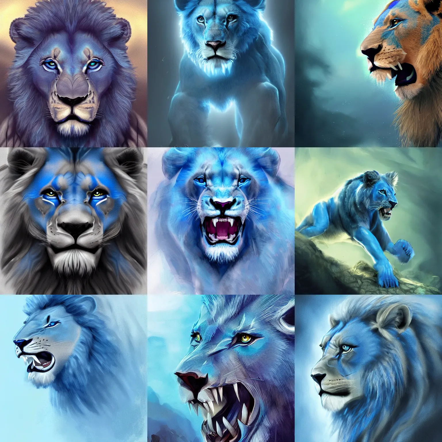 Prompt: roaring blue lion. majestic, graceful, mighty. mystical ambience. soft lighting. highly detailed concept art. artstation.