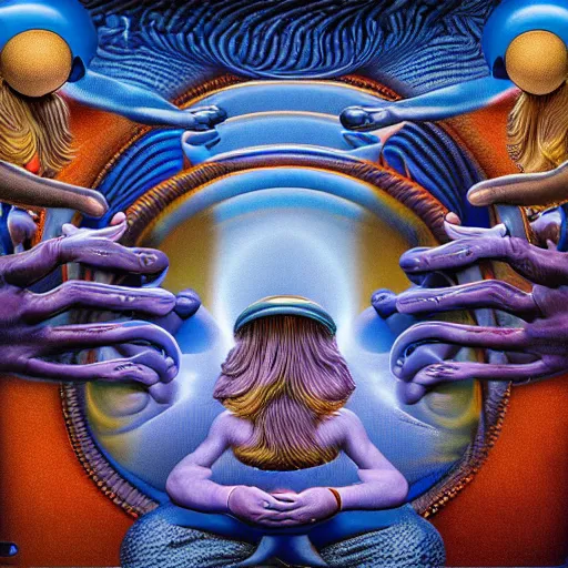Prompt: the smurfs on tool album cover, 8 k resolution hyperdetailed, surrealism style of alex grey, extremely highquality