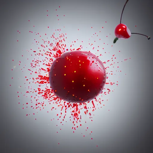 Prompt: Exploding cherry, 3d render, white background, realistic explosion