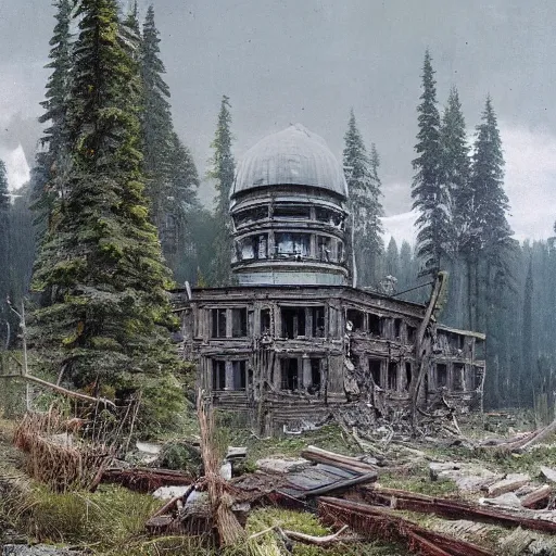 Prompt: a ivan shishkin and simon stalenhag photo of a ruined building the sky is cloudy. the moon is full. an enormous robot