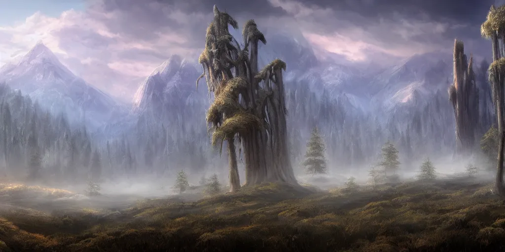 Prompt: calm landscape with cold misty mountains in the north, grand plains in the west, and a twisting forrest in the south, concept art, fantasy art, highly detailed hd, artstation, hd wallpaper