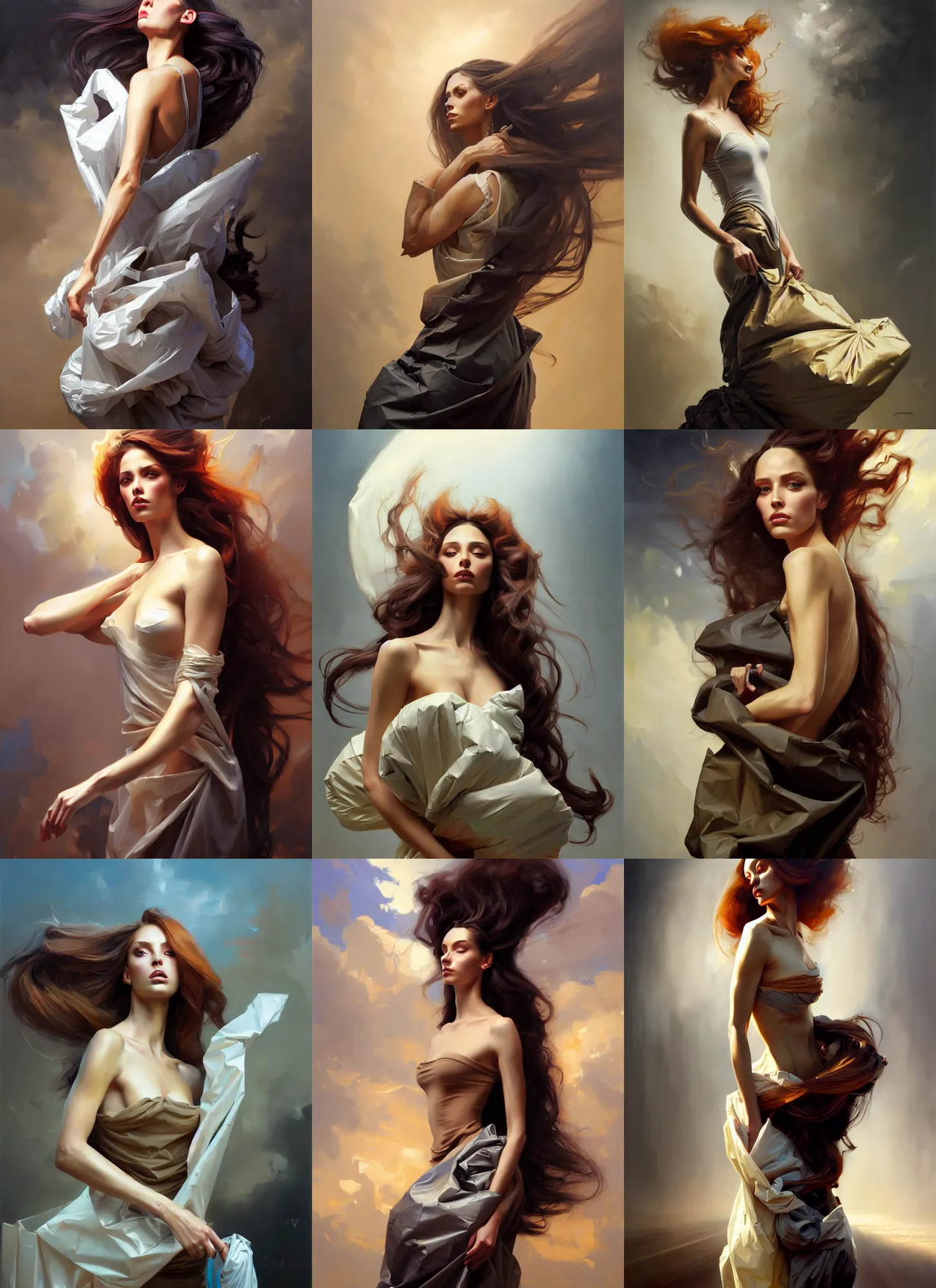 Prompt: fine art portrait oil painting of a beautiful woman with long hair wearing a garbage bag for clothes, perspective, ultra detailed, elegant, intricate, dynamic lighting, hyperrealism, sharp focus, art by peter mohrbacher and greg manchess and andrei riabovitchev