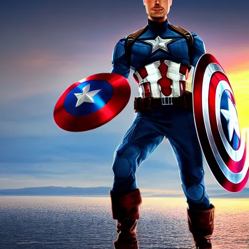 Prompt: A realistic photo of Captain america, with his shield covering his groin, hyper-realistic, 8K HDR, sunset