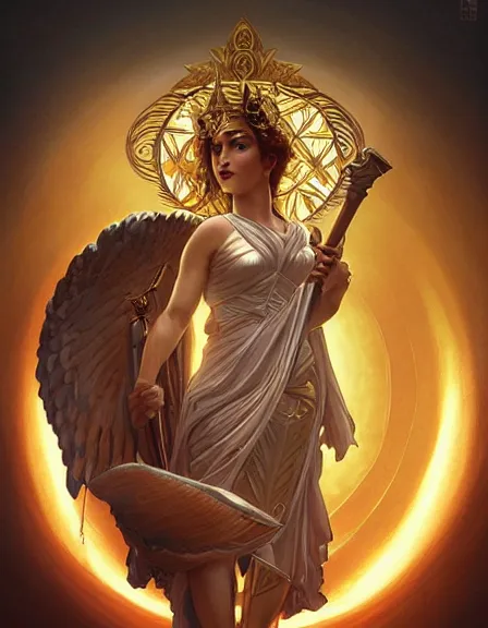 Image similar to athena goddess of wisdom, love, strength, knowledge, portrait, symmetrical, highly detailed, digital painting, artstation, concept art, smooth, sharp focus, illustration, cinematic lighting, strength, art by artgerm and greg rutkowski and alphonse mucha and louis theophile hingre