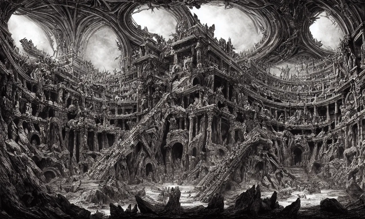 Image similar to A Spectacular IMAX View of the Infernal Court of the Kings of Hell, art by Gustav Dorê and Marc Simonetti and Giovanni Battista Piranesi