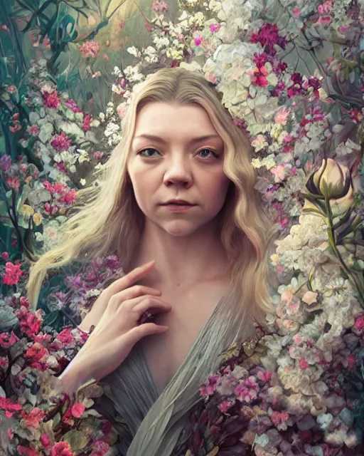 Prompt: portrait of natalie dormer, surrounded by flowers by karol bak, james jean, tom bagshaw, rococo, sharp focus, trending on artstation, cinematic lighting, hyper realism, octane render, 8 k, hyper detailed.