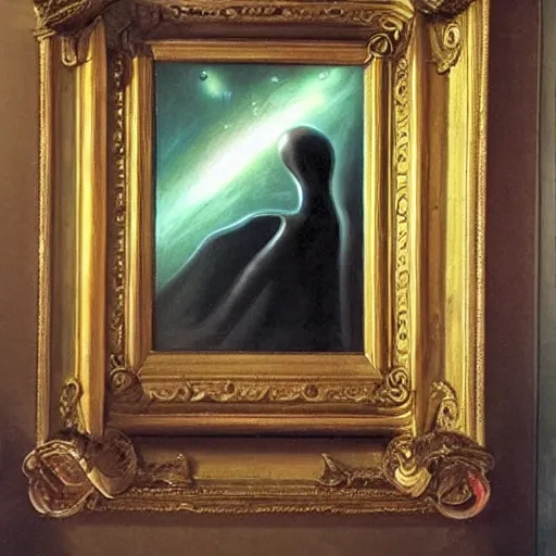 Image similar to an alien reaching through a framed painting, pulp sci - fi art. baroque period, oil on canvas. renaissance masterpiece