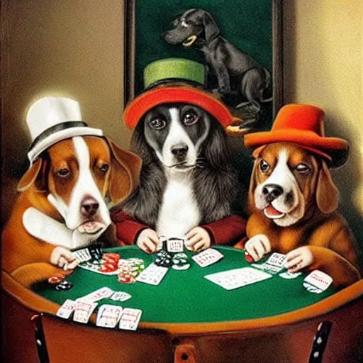 Image similar to Dogs playing poker wearing hats, vintage