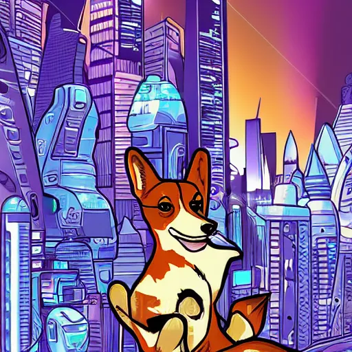 Prompt: a corgi android in space, cyberpunk, detailed digital illustration