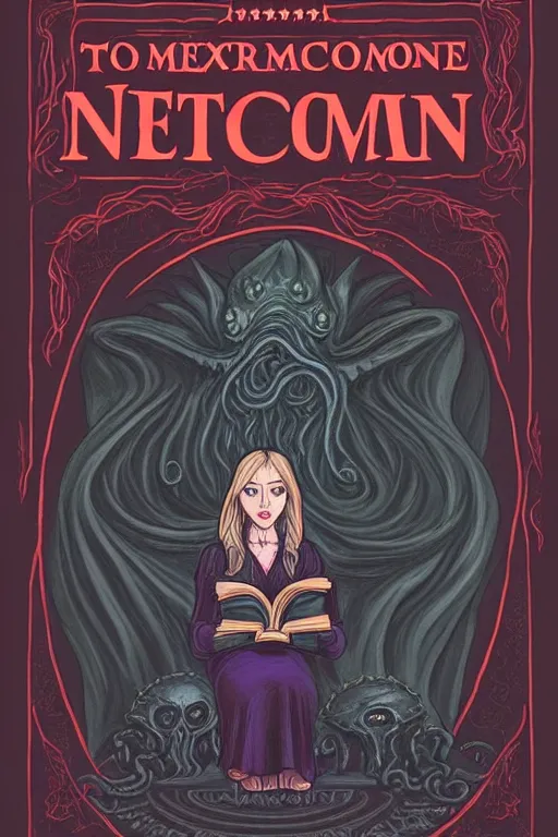 Image similar to trump illustration of romantic girl, her cat and her book of necronomicon, symmetrical, cinematic, sharp focus, 4 k, ultra hd, sense of awe, sinister demonic atmosphere, dreadful, forbidden knowledge, old gods, cthulhu, yog - sothoth! yah, yah, yah! cultist journal cover