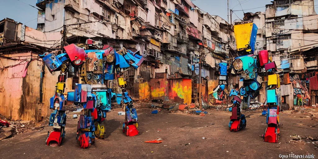 Prompt: colourful - damaged - giant mecha ROBOT of neon lit AJEGUNLE SLUMS of Lagos, markings on robot, Golden Hour,