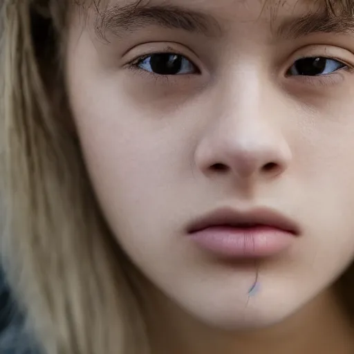 Image similar to Close-up photo of a teens face with an intense secretive expression, muted colors, and shallow depth of field.
