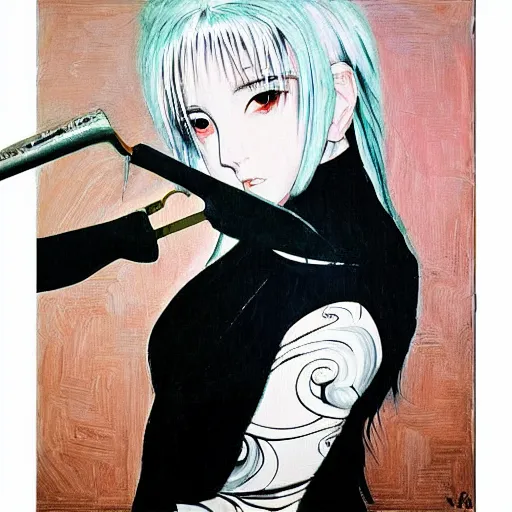 Prompt: “Oil portrait of an anime girl with white hair holding a knife in the style of Yoshitaka Amano, abstract black and white pattern on the background, 1990s vibe, expressive brush strokes, highly detailed, film grain noise effect, renaissance oil painting”