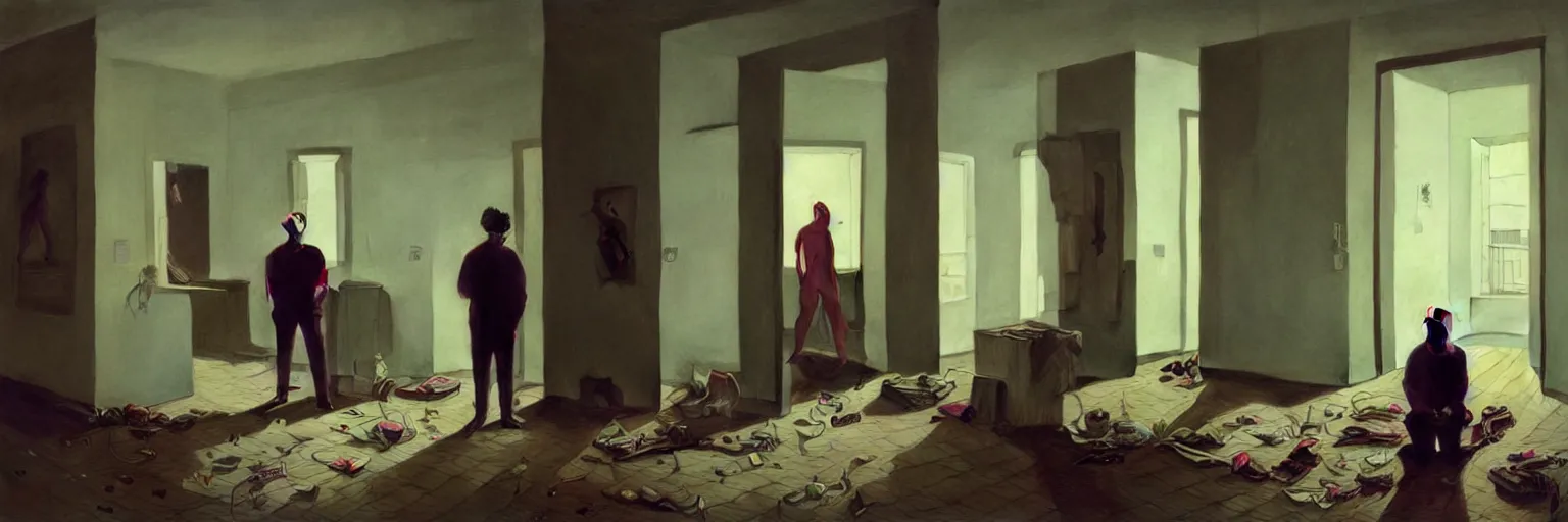 Image similar to weird and disturbing portrait of todd solondz standing alone in an empty appartment, vivid colors, neon, art by gregory crewdson and francis bacon and artgerm and wlop and william - adolphe bouguereau