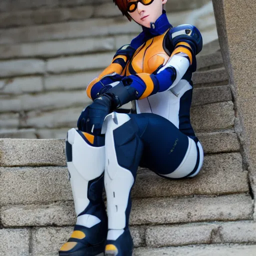 Image similar to Tracer from Overwatch relaxing after a day of hard work