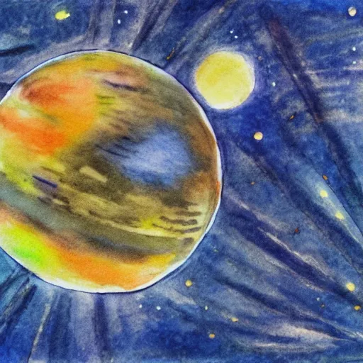 Prompt: an illustration of a planet, inktober, (water color)