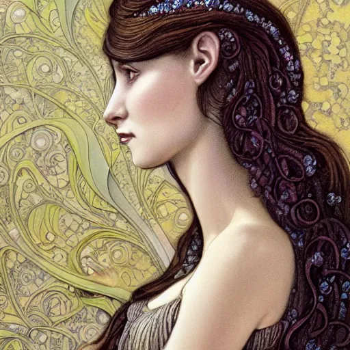 Image similar to facial portrait of a young pretty woman in flowing dress, arrogant, mysterious, long fine flowing hair, delicate, looking at camera, slightly awkward smile, realistic face, hands behind back, intricate, stylish, elegant, grimdark fantasy, flowers, art nouveau, extremely detailed painting inspired by Gerald Brom and Ernst Haeckel and Kaluta