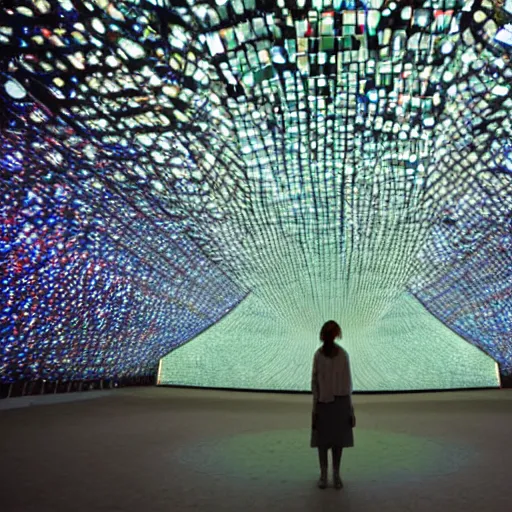 Image similar to a woman standing in front of a light sculpture, a hologram by bruce munro, featured on tumblr, interactive art, hall of mirrors, tesseract, futuristic