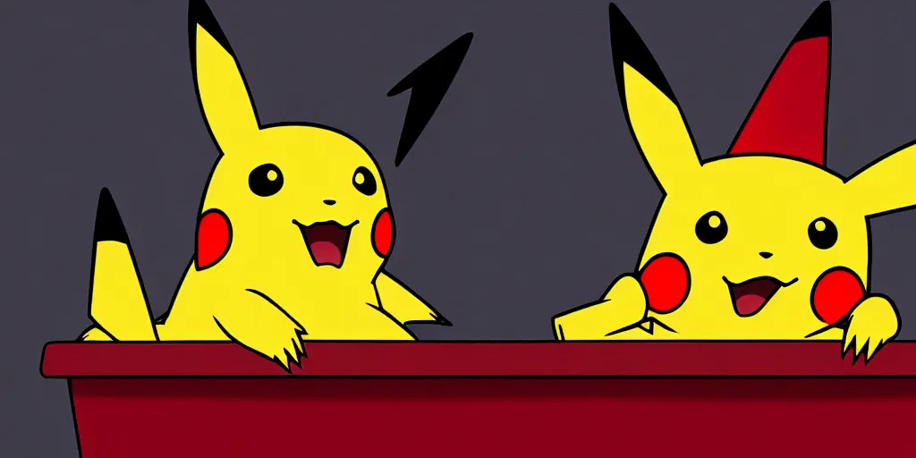 Image similar to pikachu devouring a dog sharp teeth burtal eyes scary mouth dark room red candles trash bin