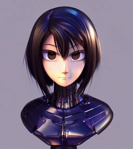 Image similar to manga Pixar anime cyborg girl smiling bust portrait detailed rendering realistic 3d hd key visual official media with frank Miller Alex Ross giger style trending pixiv