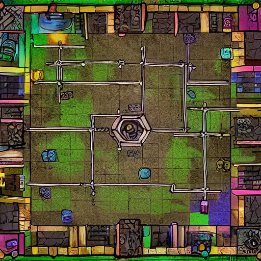 Image similar to tabletop rpg battle map, grid, top down, highly detailed, colorful, architectural, digital