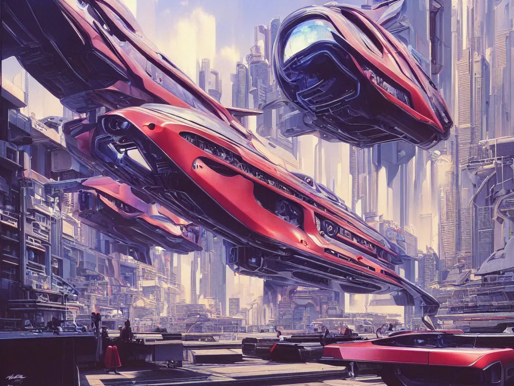Prompt: hyperrealistic painting of a slice of life from a futuristic city, mechanical designs, futuristic vehicles, hovercrafts, technological, cinematic, cyberpunk style, highly detailed, realism, intricate, acrylic on canvas, 8 k resolution, concept art, by noriyoshi ohrai, moebius, george luks