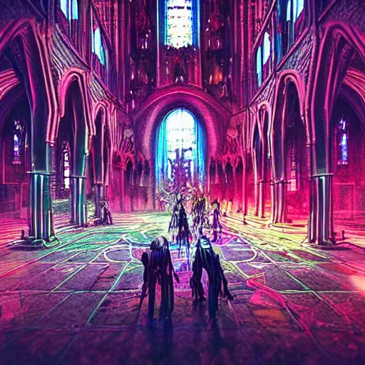 Prompt: “ a crowd of cyborgs praying to a bio - mechanical eldritch god inside a cathedral, futuristic, gothic, cyberpunk, lovecraftian, neon colors, geometric patterns, expressionist ”