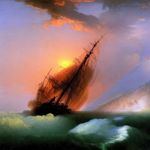 Image similar to tornado on the river, top view, sunset, by ivan aivazovsky,